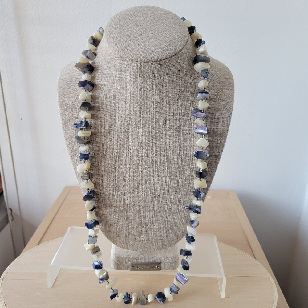 Vintage Mother of Pearl Chips Blue & White Beaded Gemstone Multi-Strand Necklace